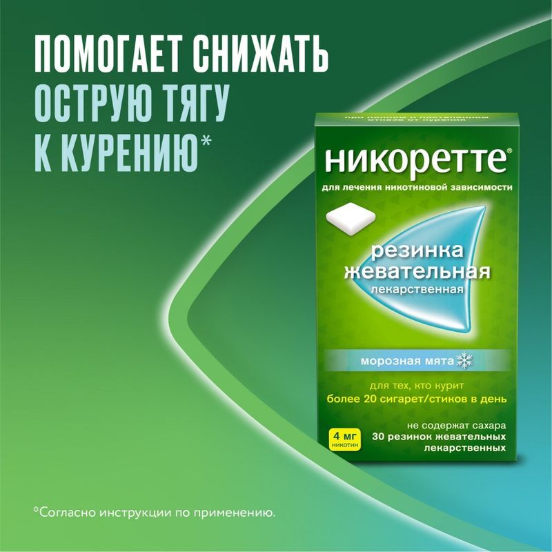Никоретте Жевательная резинка от курения Морозная Мята 4 мг, 30 шт., фото №3